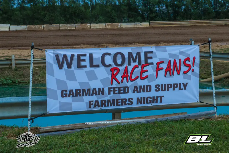 Welcome Race Fans banner for a sponsored farmers night